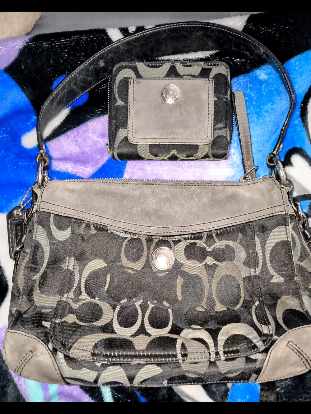 Coach Black & Taupe Signature Canvas Shoulder Bag with Wallet